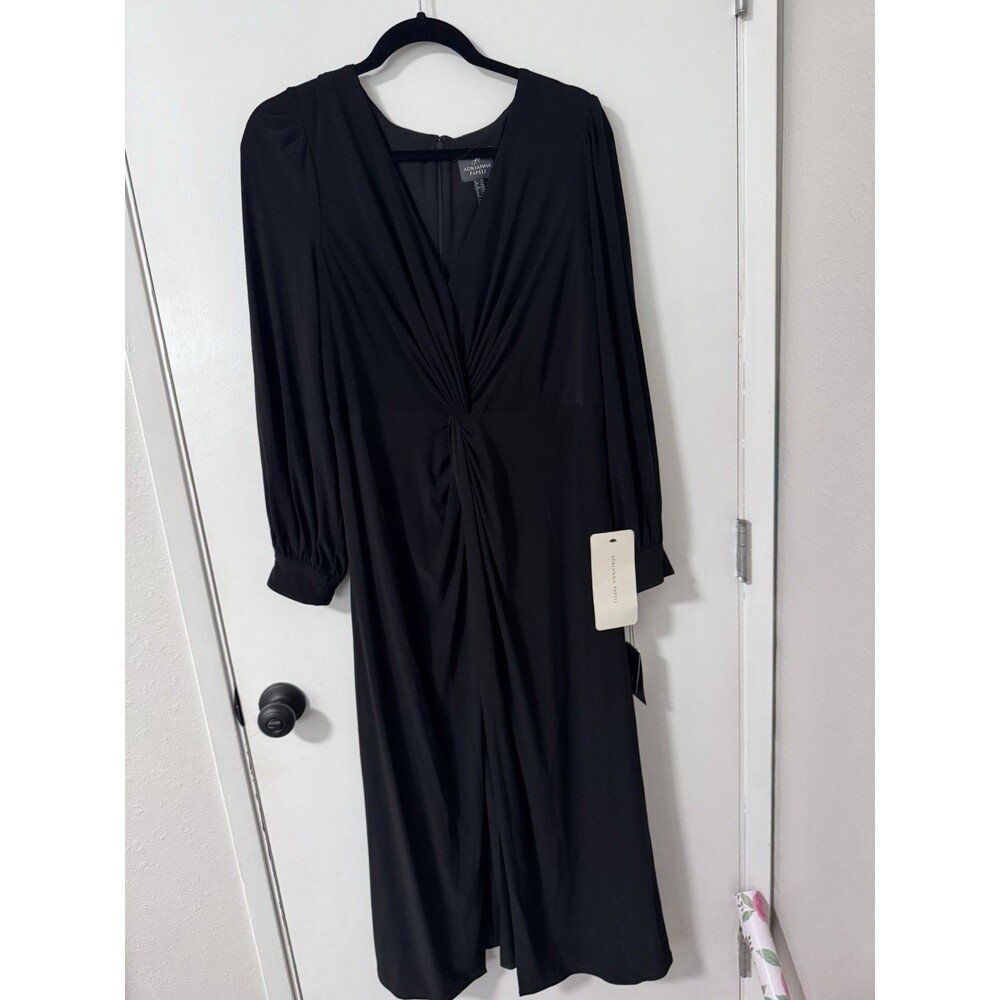 Adrianna Papell Black Jersey Pleated Midi Dress 14W V-Neck Long Sleeve